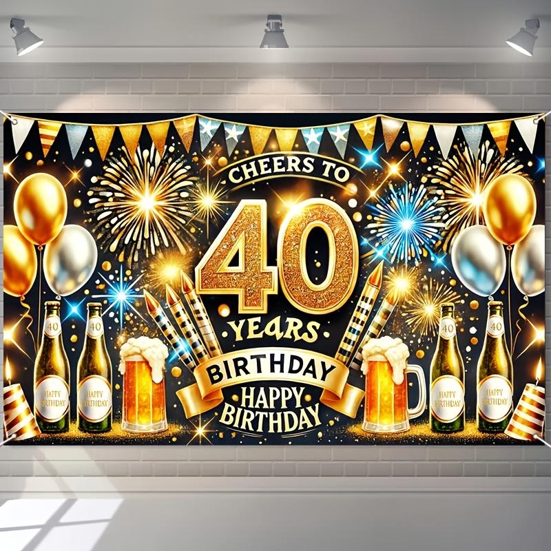 Bannière de célébration du 40e anniversaire - ballons dorés et argentés, bière, design feux d'artifice - S