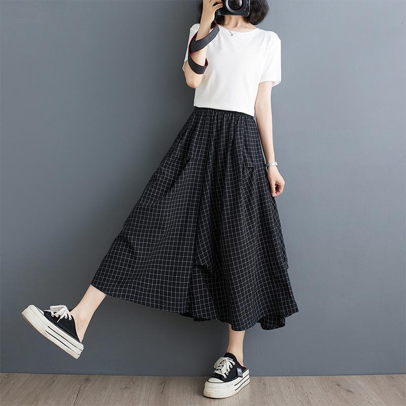 Women's Hepburn Style Plaid Midi Skirt - Three-Piece Dark Irregular A-line for Summer