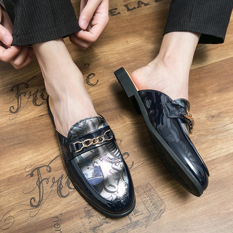 Męskie Czarne Letnie Klapki z Łańcuchem Zakryte Palce Sandały Skórzane Mokasyny Muły Buty Codzienne Dla Mężczyzn Obuwie Męskie Mokasyny