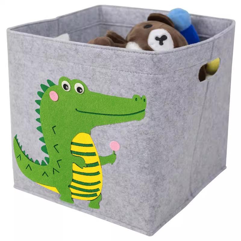 Gray Felt Fabric Storage Box with Cartoon Animals for Kids Rooms