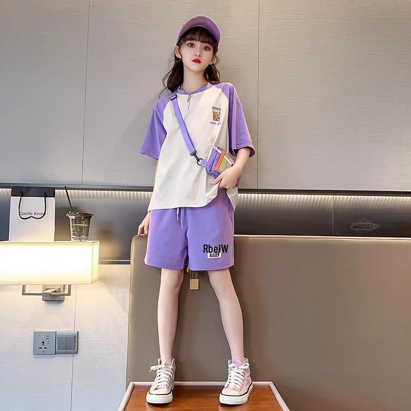 Girls' Summer 2025 Fashion Sports Set: Stylish Short Sleeve and Shorts for Big Girls