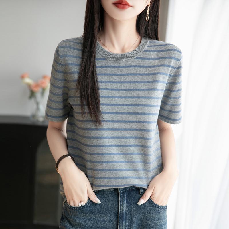 Xia Xin Korean Version of Pure Cotton Fashion Round Neck Short-sleeved Women's Versatile and Thin Striped T-shirt Comfortable and Breathable Top