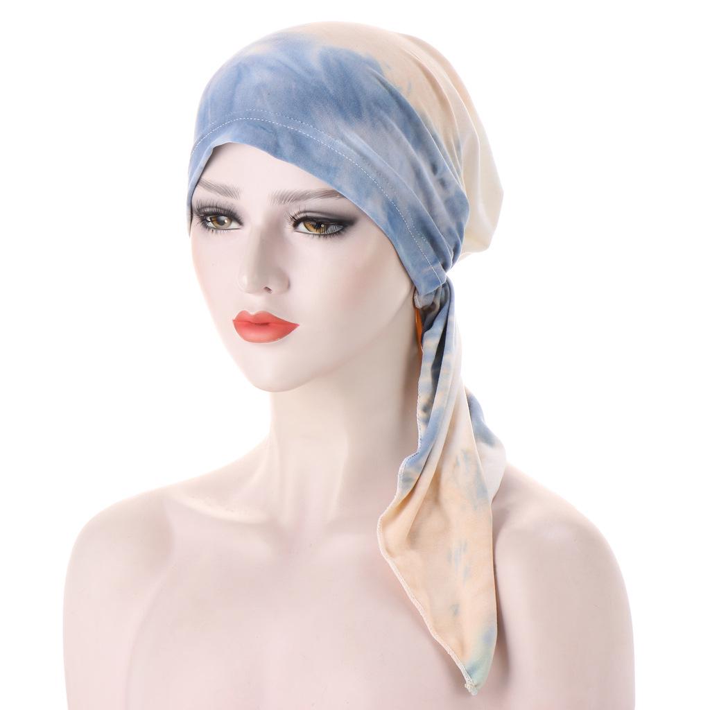European-American Floral Print Two-Tail Curved Muslim Headscarf Pullover Hat