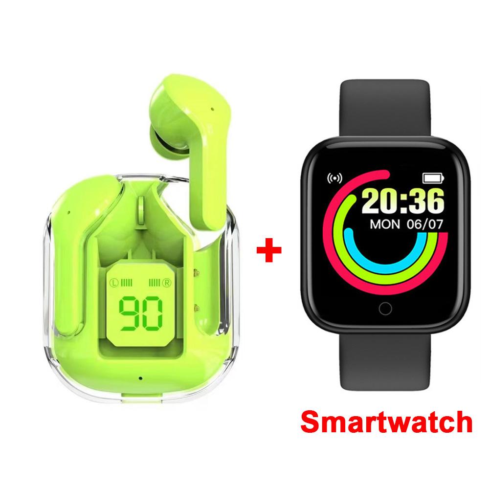 Transparent Bluetooth Headphones LED Power Digital Display Stereo Wireless Earphones TWS Earbuds Sport Headset +Smart Watch