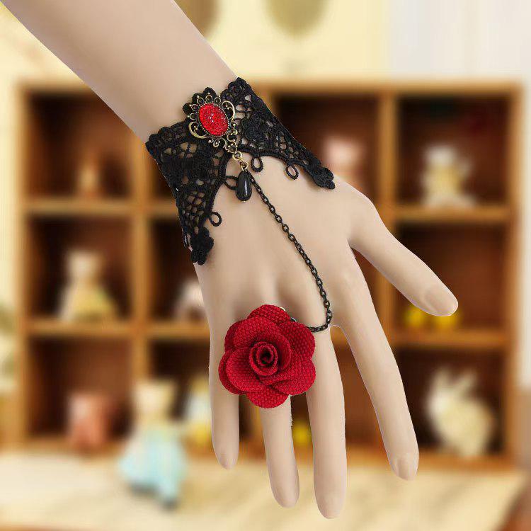 Black Lace Flower Bracelet with Ring: Retro Halloween Jewelry with Pearls