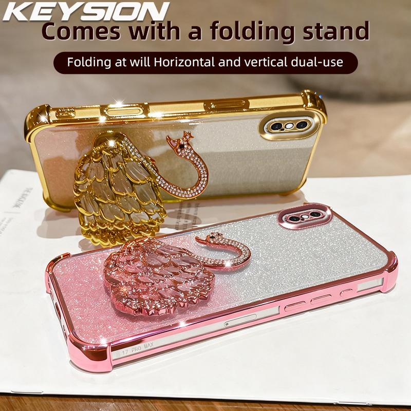 KEYSION Shockproof Plating Phone Case for iPhone XS Max Clear TPU Glitter Jewelled Swan Kickstand Back Cover for iPhone X XR