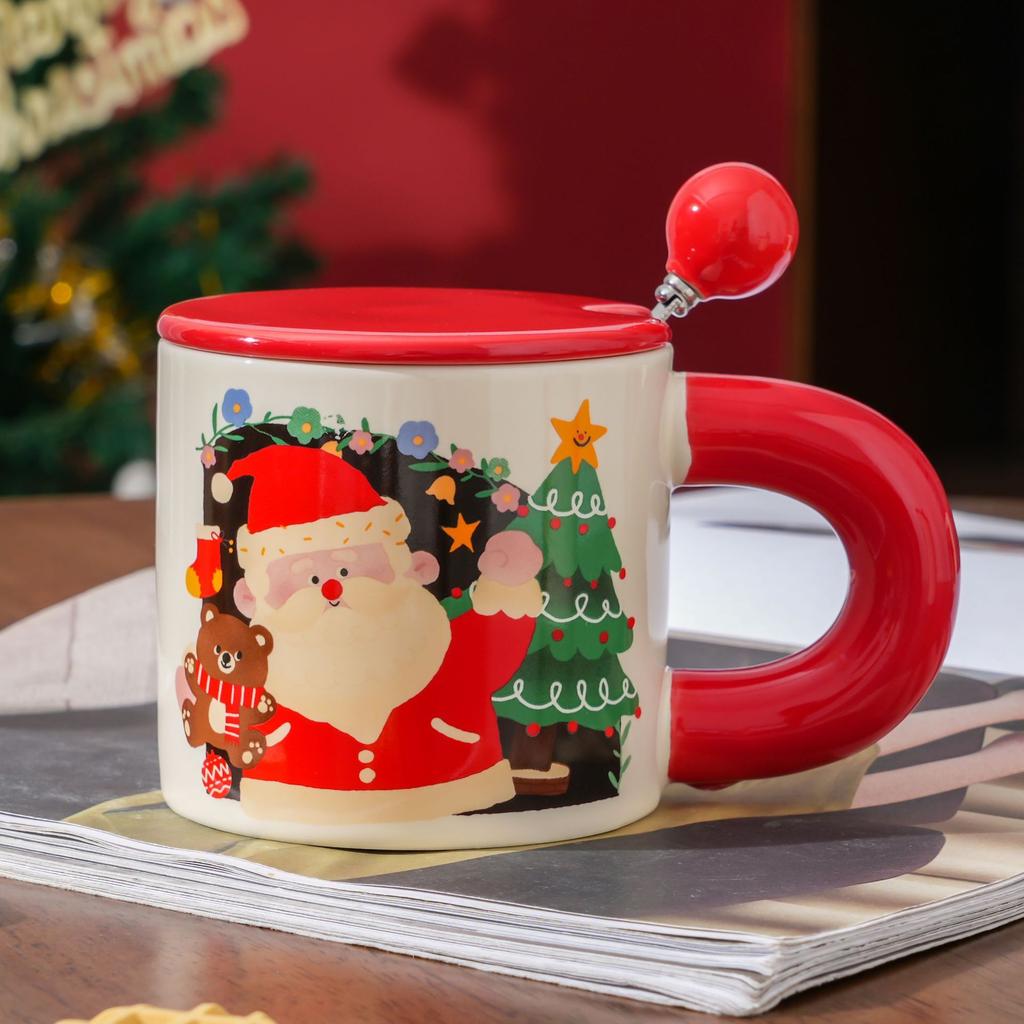 Christmas Gift Mug with Lid Spoon Santa Cup Christmas Eve with Small Gifts for Employees and Customers