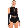 Women's Shiny Sequin Leotard for Gymnastics Dance Competition, Sheer Mesh Cutout Back & Waist, Mock Neck Bodysuit with Gloves, Color Block Sparkling