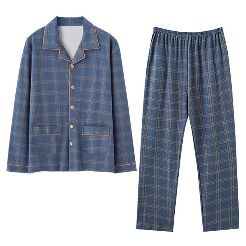 Men's Plus Size Long-Sleeve Plaid Cotton Pajamas for Spring & Autumn, Suitable for Outdoor Wear.