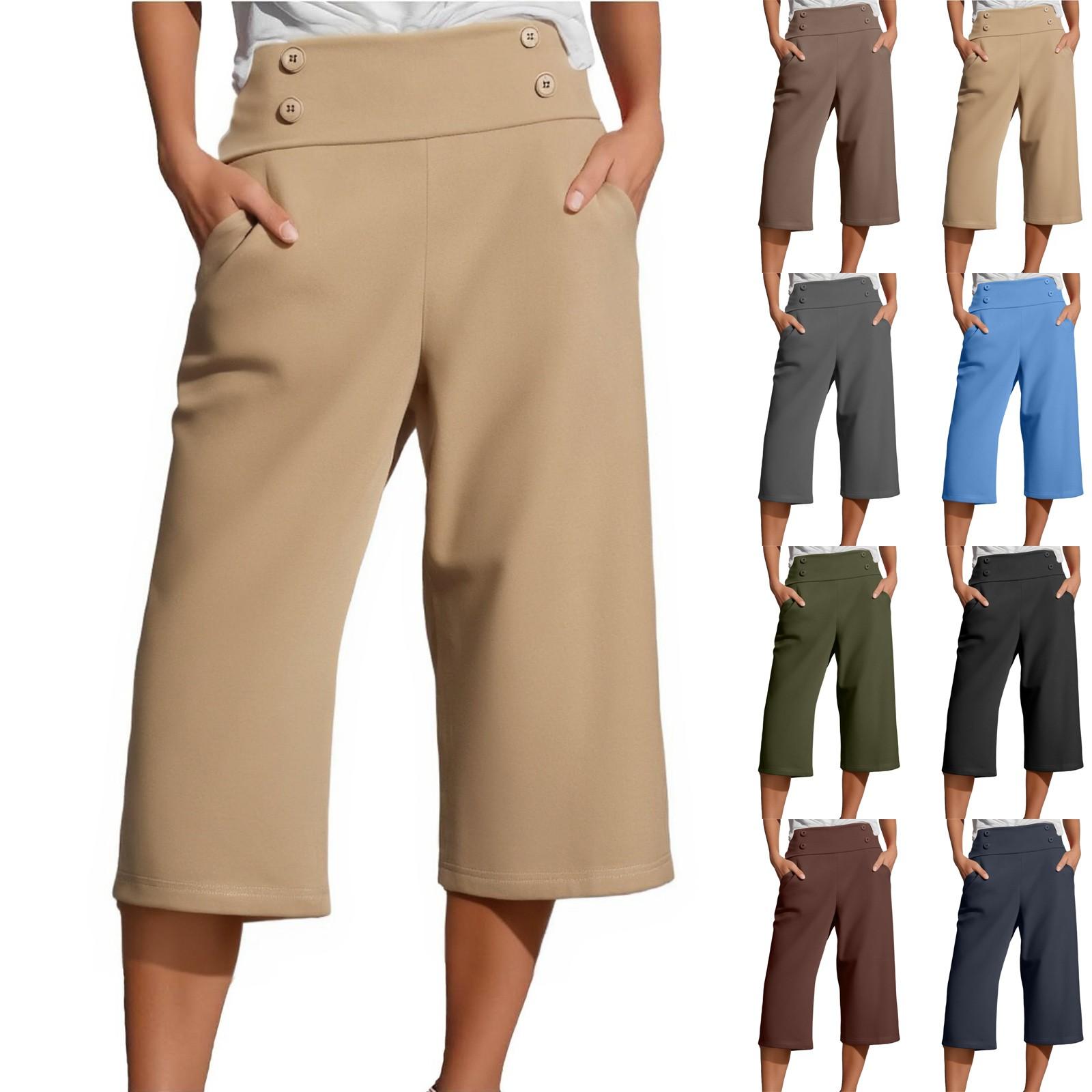 

Women s Fashionable Solid Color Button Pocket Pants With High Waist Sports Yoga Casual Cropped Pants L армія зелений колір