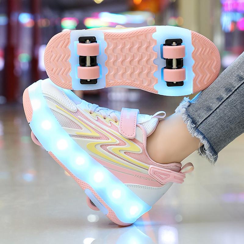 Kids Glowing Sneakers Rubbing Shoes Charging and Disassembling Four Wheels Slide Shoes LED Kids Glowing Sneakers