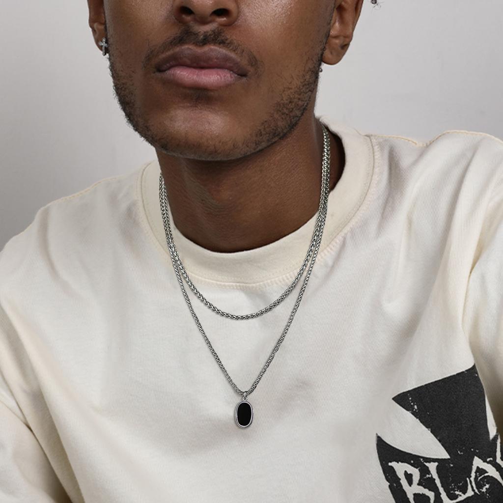 Vnox Stylish Mens Geometric Necklace with Black Enamel, Stainless Steel Metal Double Layered Chain Collar, Unique Gifts for Men