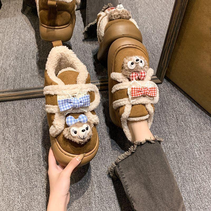 Cute cartoon thick-soled heightening fluffy shoes 2025 autumn and winter new non-slip, wear-resistant, piled warm soft-soled cotton shoes for women