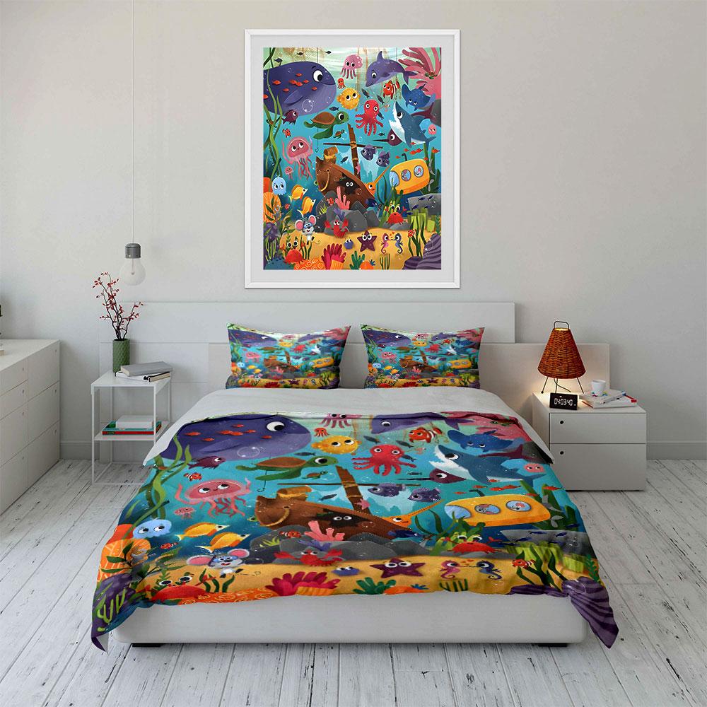 Colorful Underwater Cartoon Scene. Print Bedding Set 1 Duvet Cover 2 Pillowcases For Adult And Children Luxury Gift Full Size
