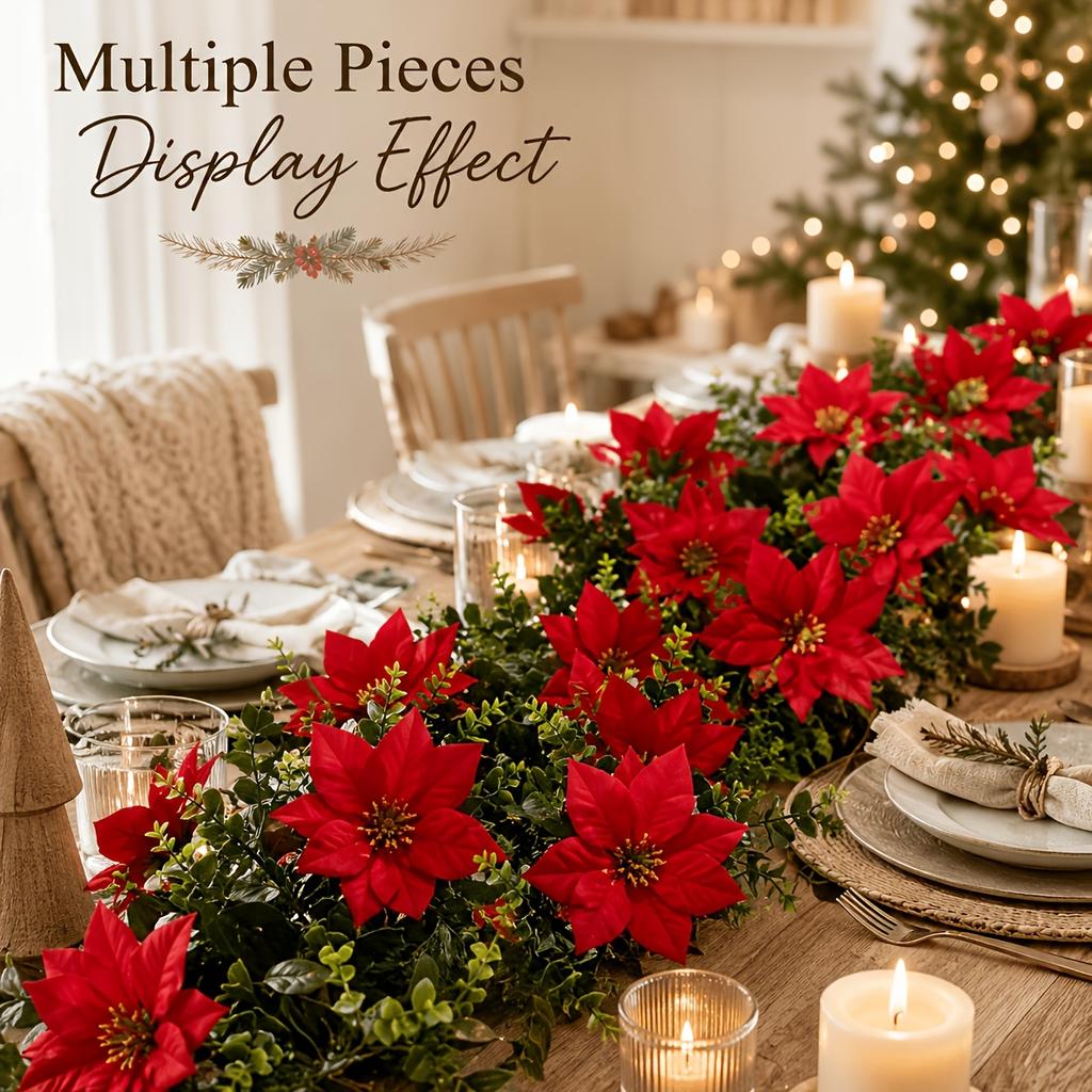 1pcs Christmas Artificial Beautiful Eucalyptus Red Poinsettia Rattan Decor - Realistic Faux Flowers, Suitable for Indoor/Outdoor Use