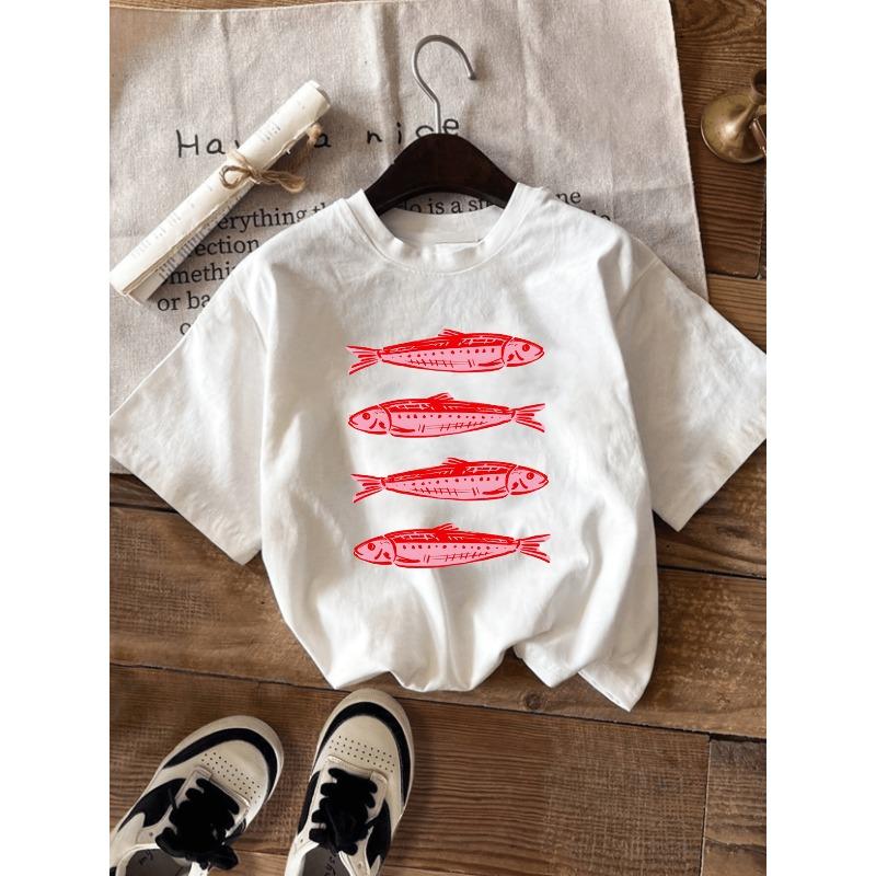 European sizes Artistic Style Children'S School of Fish Print T-Shirt! T-Shirt Is Soft And Breathable, Hand-Painted Red Fish Design Easy And Premium
