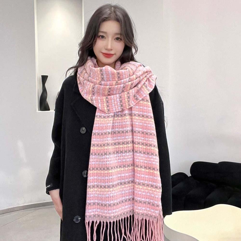 Contrast Color Knitted Wool Shawl Soft Long Neckscarf with Tassel Dopamine Plaid Scarf  Autumn