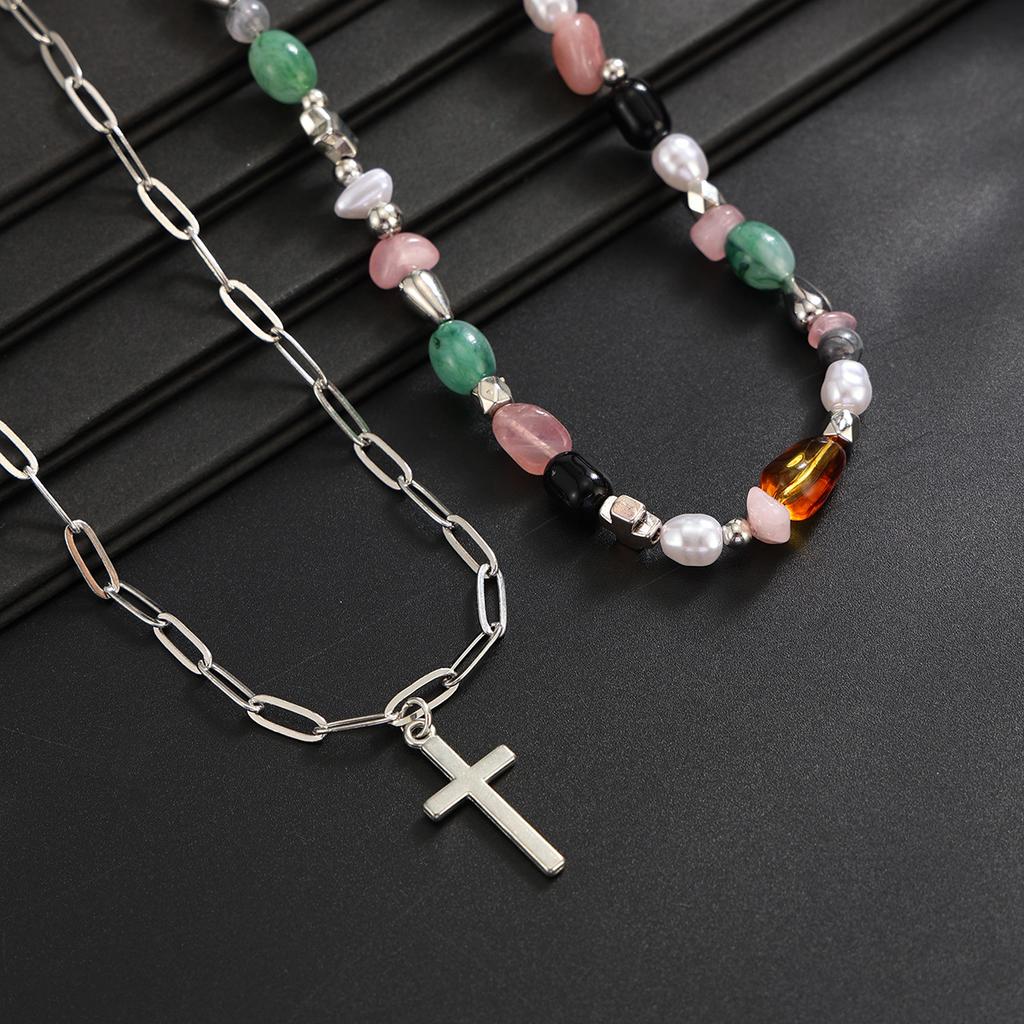 European and American Pearl Double-layer Cross Necklace, Retro Stars Stacked Wearing Niche Men's Collarbone Chain