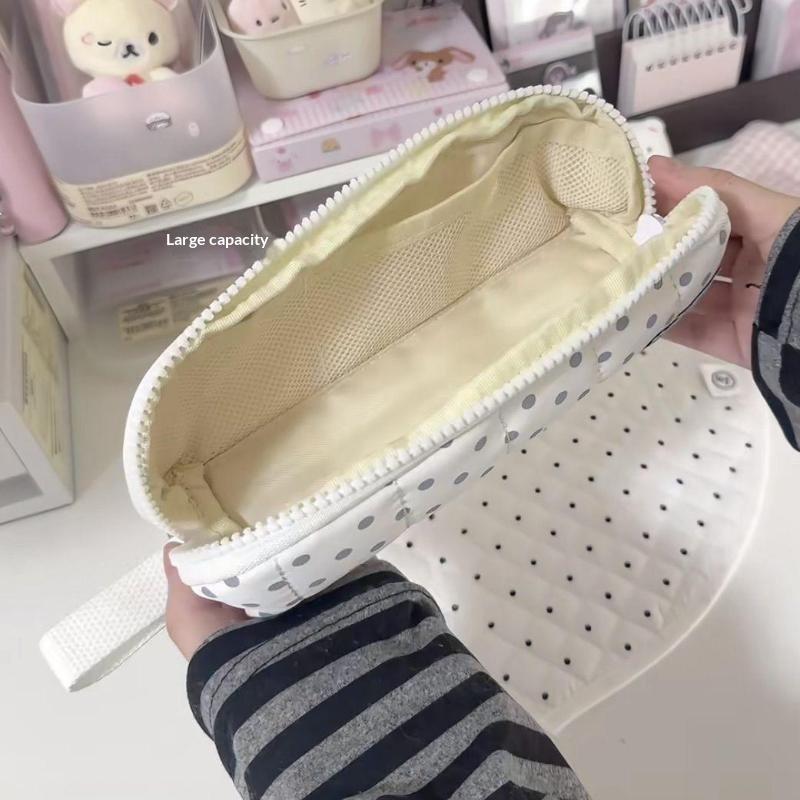 White Padded Polka Dot Pencil Case Large Storage Cute Design Perfect For Students School Stationery Organization