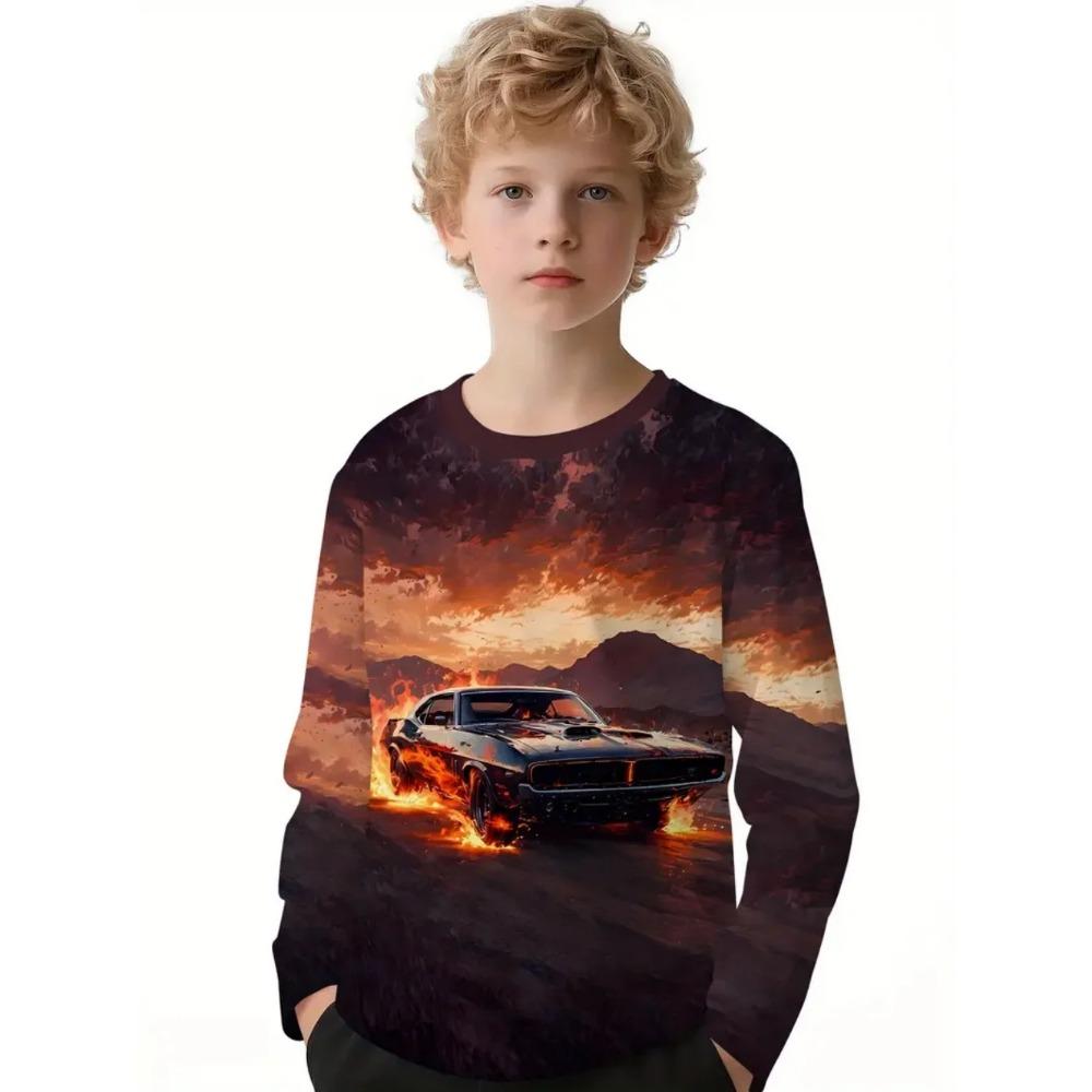 Vår och Höst Rundhals Retro Bilmönster 3D-tryckt Topp Moderiktiga Casual Långärmade Barn Pojk T-shirts