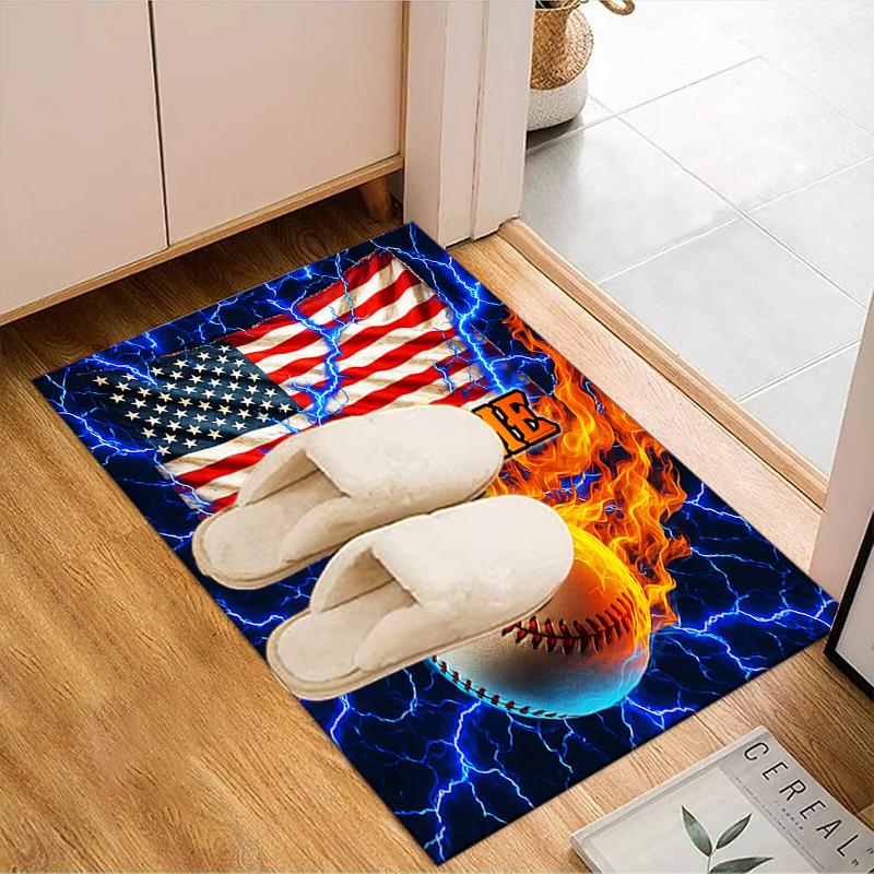 1PC Custom Name American Baseball Fire Theme Floor Mat Ideal for Living Room, Game Rooms, Office, Bedroom,Floor Mat Playful Design