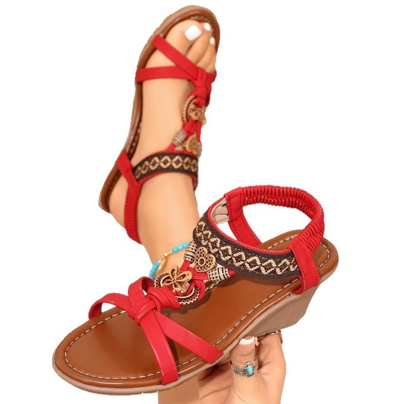 Sandalias de cuña con tira trasera elástica de estilo bohemio para mujer, cómodos zapatos de verano