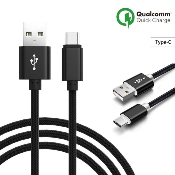 Câble USB Type C - Nylon - 1M - Compatible Samsung, Huawei, Xiaomi - Couleur Noir - Durable