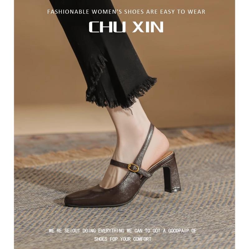 2025 spring and summer new high heel with Mary Jane shoes women's beautiful single shoes thick heel French beige sandals women