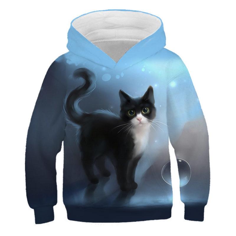 2025 Children 3D Hoodies Boys Girls Lovely Black Animal Cat Print Hooded Sweatshirts Kids Pullovers Clothes Tops