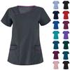 Women's Fashion Solid Short Sleeve Pattern Tops Pocket Working T-shirts