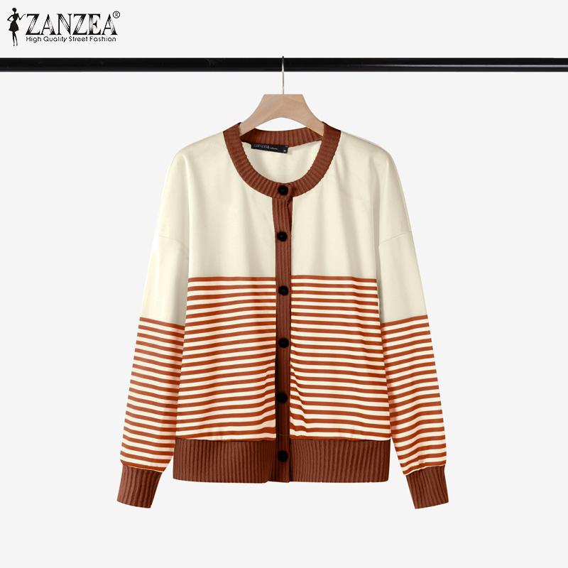 ZANZEA Womens Round Neck Long Sleeve Casual Stripe Blouse
