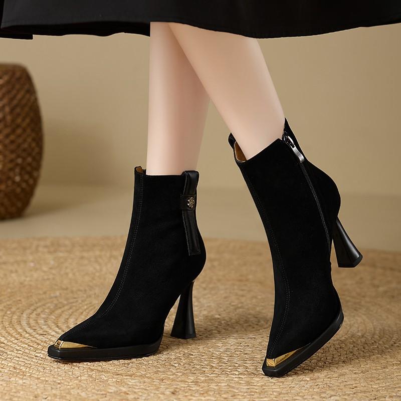 Fashion French Retro Style High Heel Temperament Fashion Boots Women's Metal Pointed Toe Autumn and Winter Platform Soft Leather Boots
