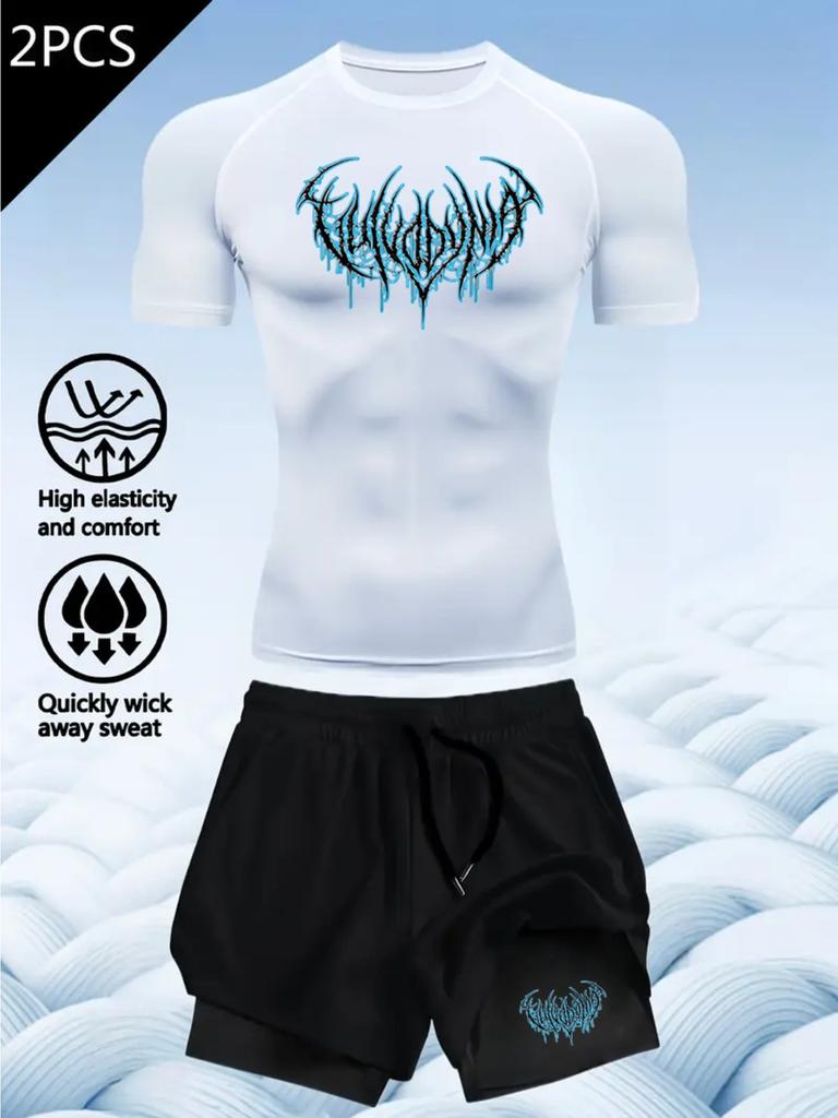 2D printed T-shirt men's summer two-piece sportswear running T-shirt elastic quick-drying sports top sports fitness shirt men's