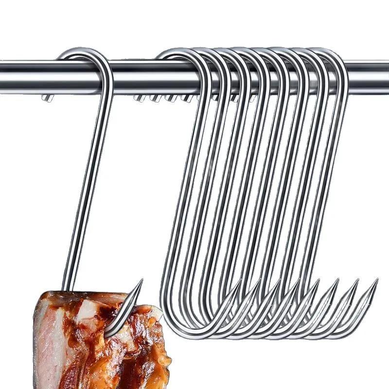 12/15CM S Hooks with Sharp Tip Stainless Steel Kitchen Butcher Meat Hanging Utensil Hook Pointed End for Smoking Processing BBQ