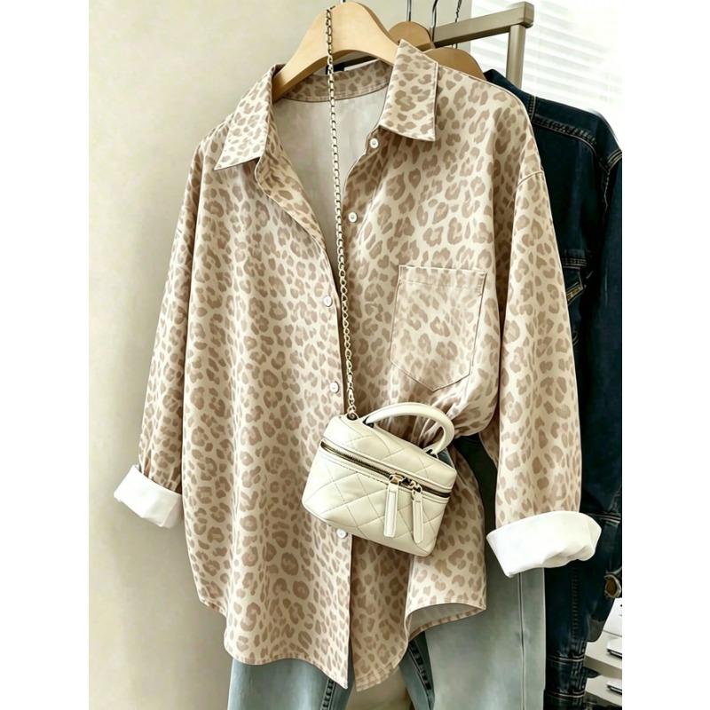 Women S Vintage Leopard Print Collared Loose Long Sleeve Shirt With Pocket