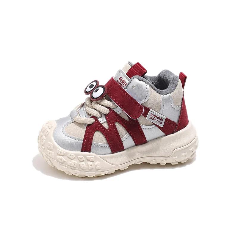 Boys Girls Running Shoes with Cute Eyes Kids Sneakers Thick Soft Sole 2024 New Fashion Children Sports Shoes with Fur Hook&loop