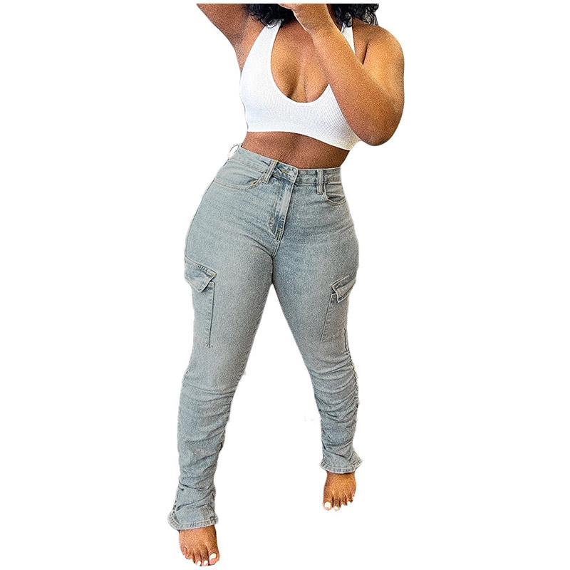 Mode Plissee Bleistiftjeans Mittelhoch Damen Seitentaschen Patchwork Denimhose Damen Slim Fit Pendlerhose Trend Streetwear