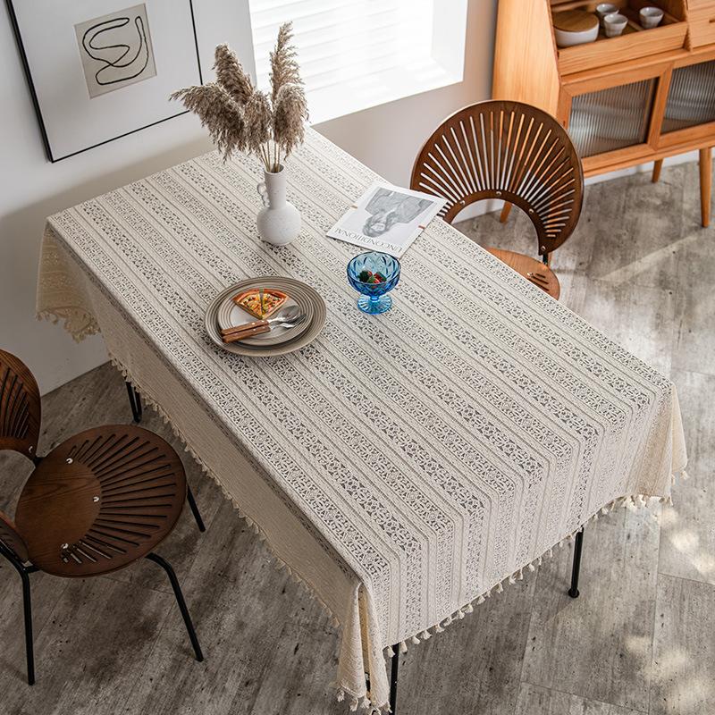 White Lace Embroidered Cotton Linen Tablecloth with Fringe Decoration for Dining Table Tea Table Cover