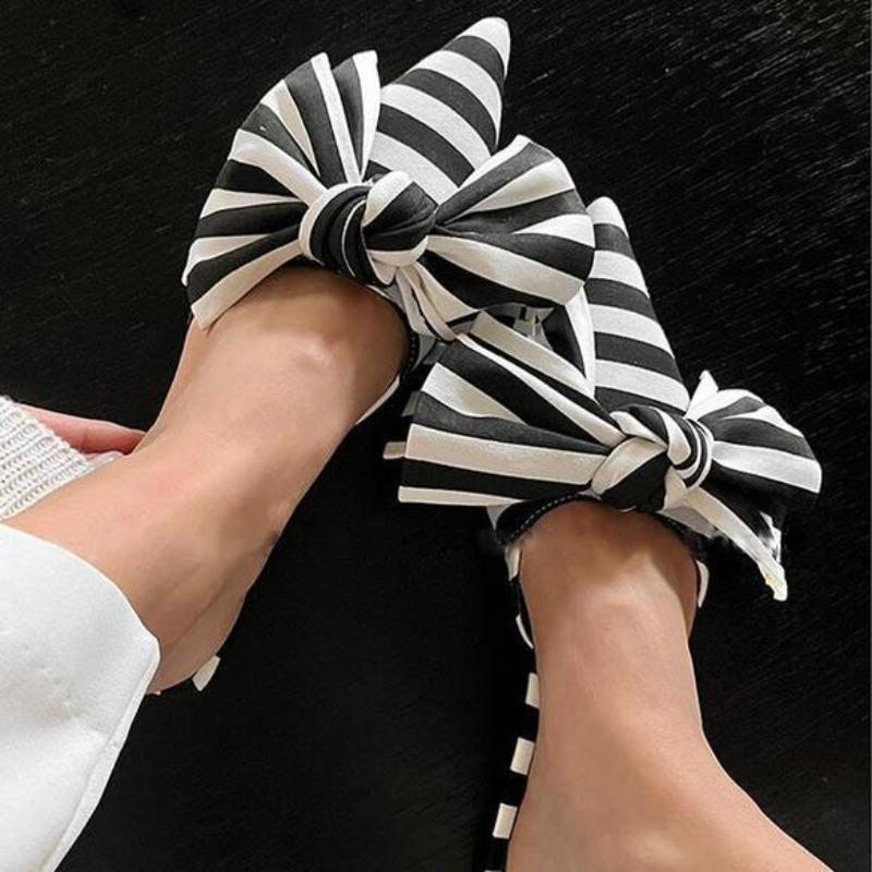 Fashion Oversize Bowtie Mule Shoes Women Fashion Pointed Toe Stripe Wave Slip-on Sandals Ladies Luxury Satin Silk Outdoor Flat Slippers