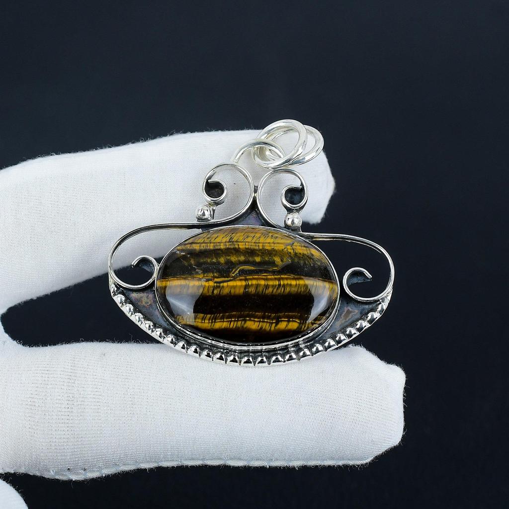 Natural Tiger Eye Gemstone Silver Pendant in 925 Sterling Silver - Handmade Design, Everyday Wear Jewelry Party Wear Gift