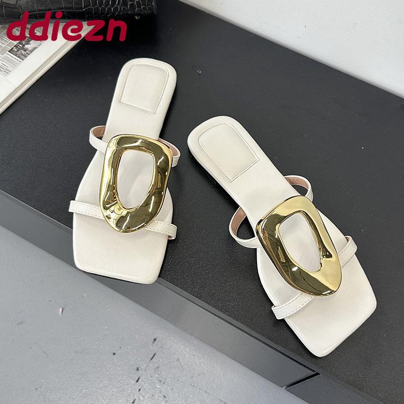 Fashion Summer Beach Female Slides Slippers Sandals Shoes For Women Flip Flops Fashion Metal Ladies Flats Slippers Shoes Big Size 43