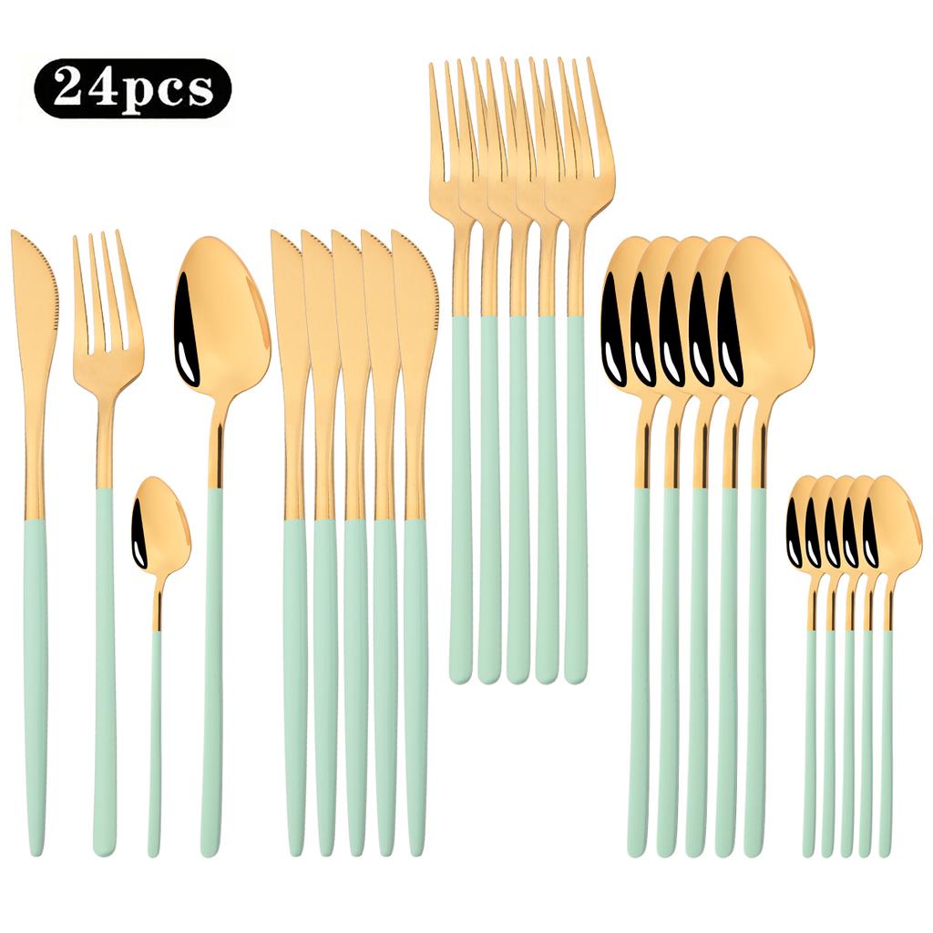 24pcs White Gold Dinnerware Cutlery Set Knife Fork Spoon Tableware Western Stainless Steel Silverware Set Coffee Spoons Flatware