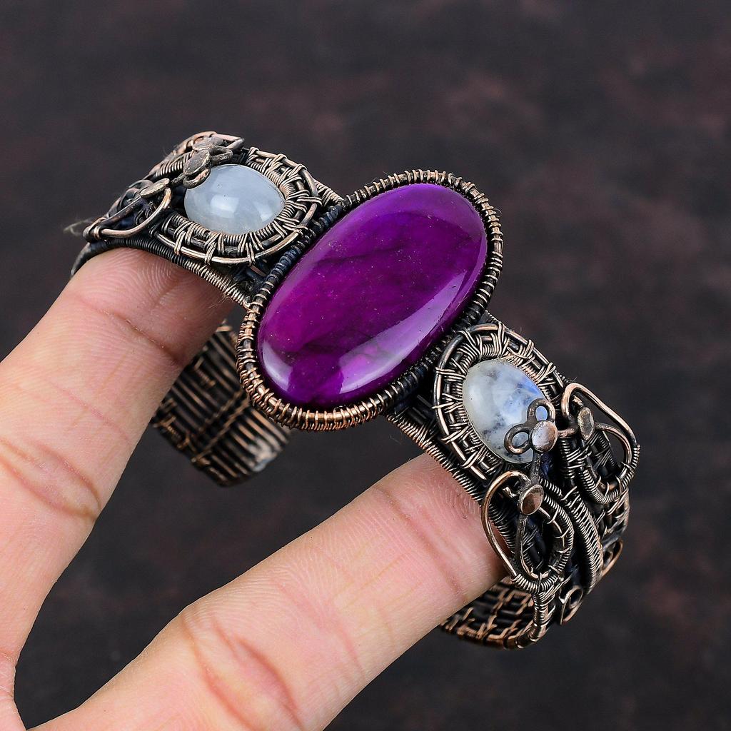 Purple Fire Labradorite Cuff Bracelet Copper Wire Wrapped Gemstone Bangle Moonstone Bangle Adjustable Cuff Bracelet Handmade Copper Jewelry