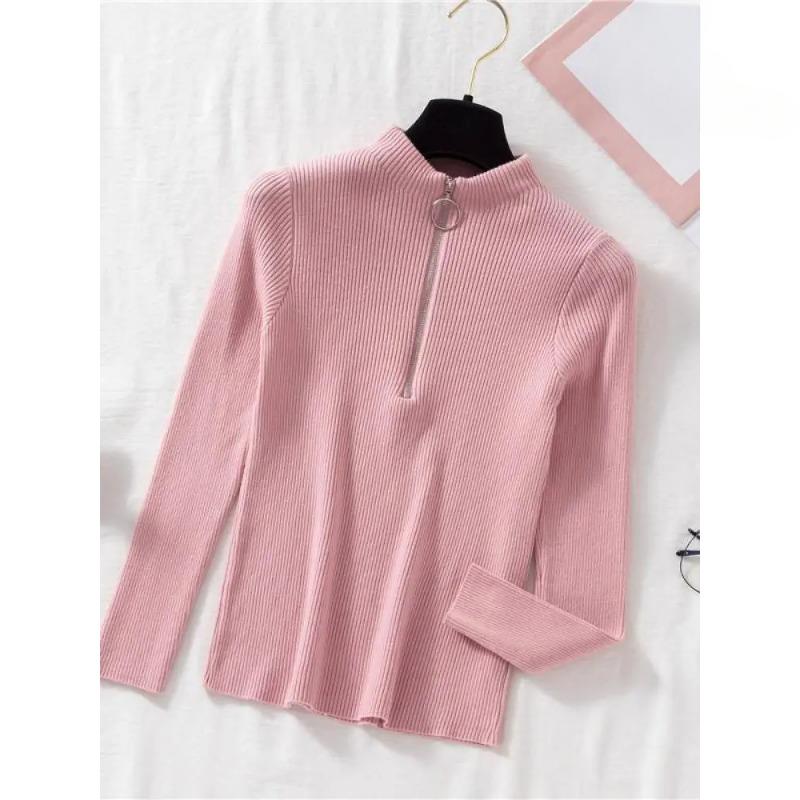 Women Fashion Solid Knitted Sweaters Vintage Long Sleeve Zip-up Basic Half Turtleneck Sweater Female Pullovers Chic Casual Tops