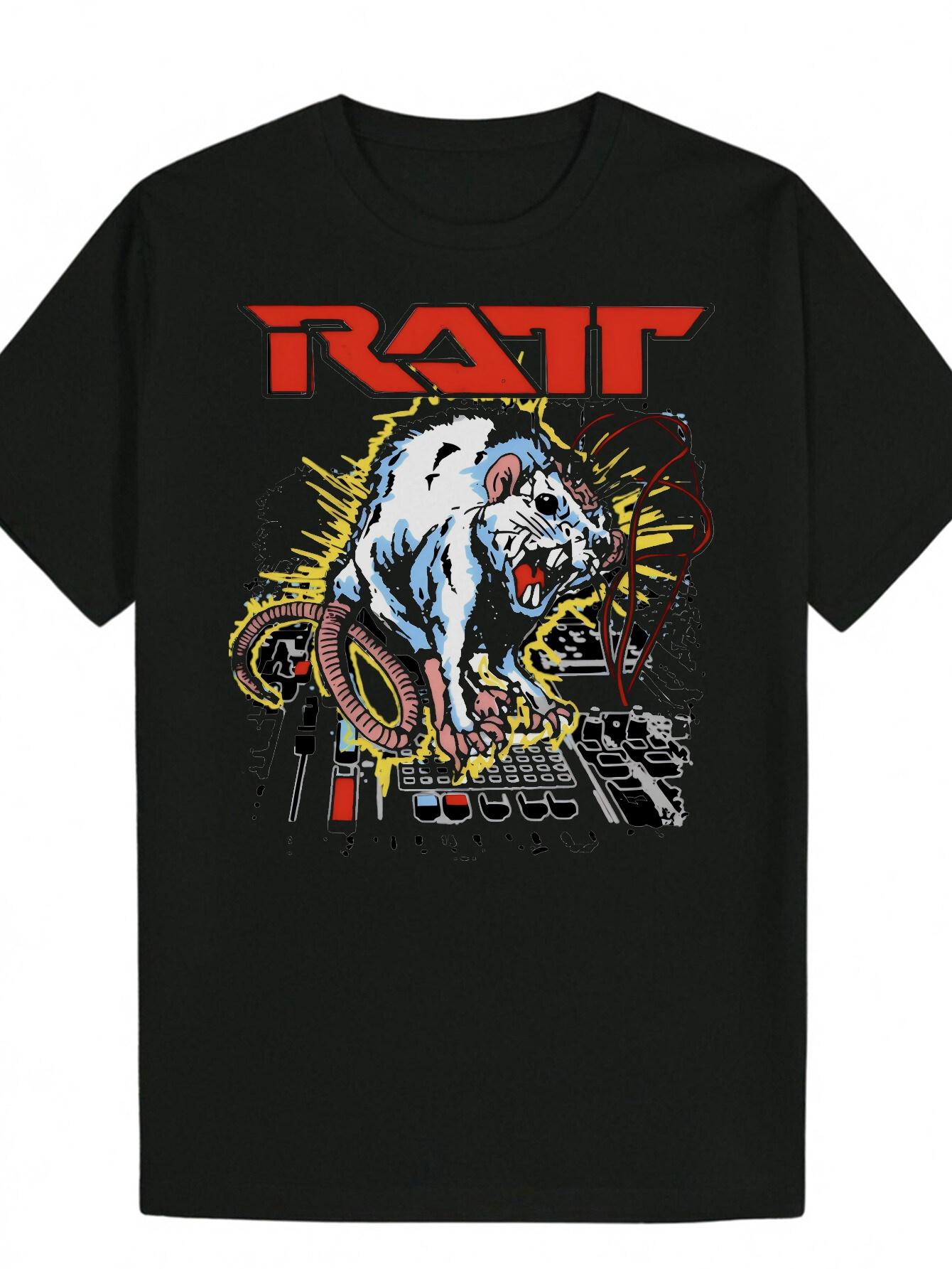 Crew Neck Polyester Animal Graphic T-shirt - White with Bold RAT Design XXL