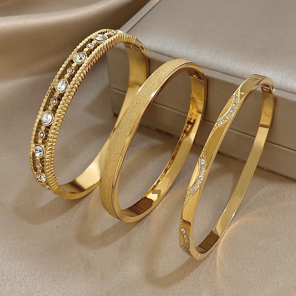Exquisite Inlaid Zircon Cuff Bracelet Bangle New Gold Plated Women's Men Geometric Stackable Waterproof Charms Jewelry Gifts