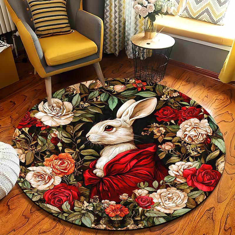 

Charming Style Bunny Flower Round Carpet Soft Non-Slip Decorative Mat 2D Print Aesthetic Rug for Nature Lovers Home Decor 60X60cm