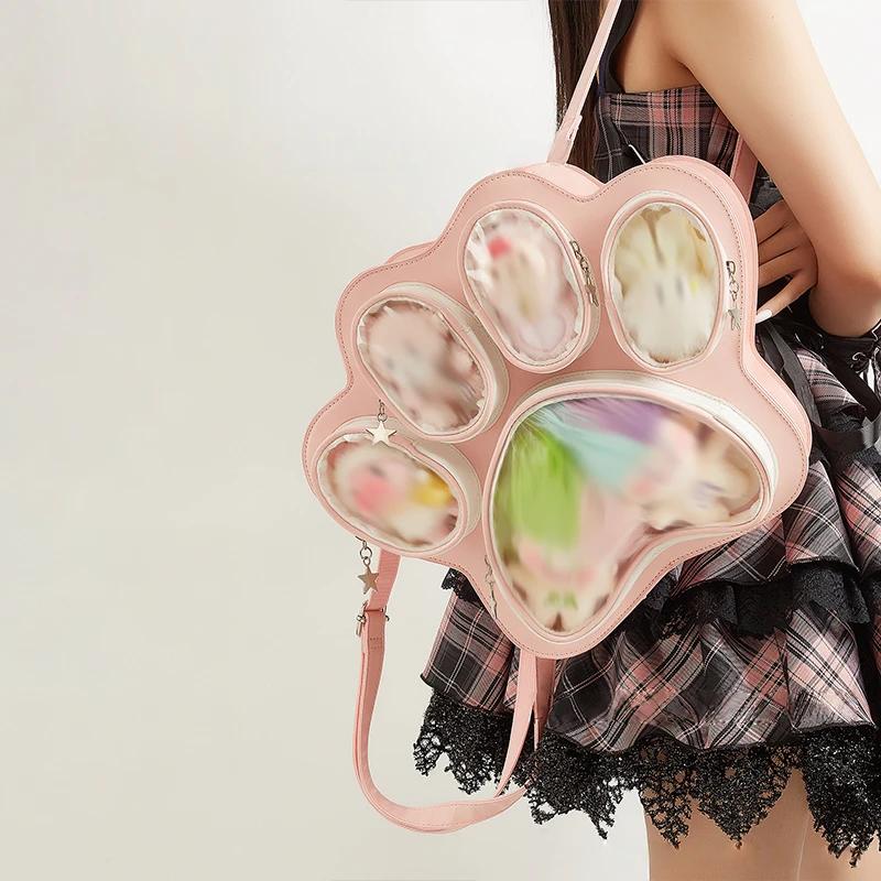 Y2K Cat Paw Print Multi-Pocket Korean Ulzzang Crossbody Backpack Large Capacity Sweet Cool Style Girls Fashion Shoulder Bag