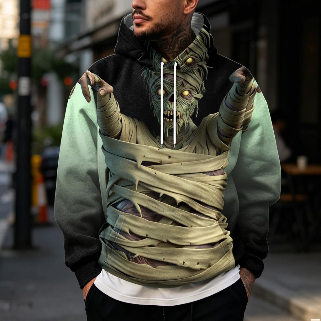 Men's Hooded Halloween Print Pullover Sweatshirt for Casual Costume and Holiday Festivities