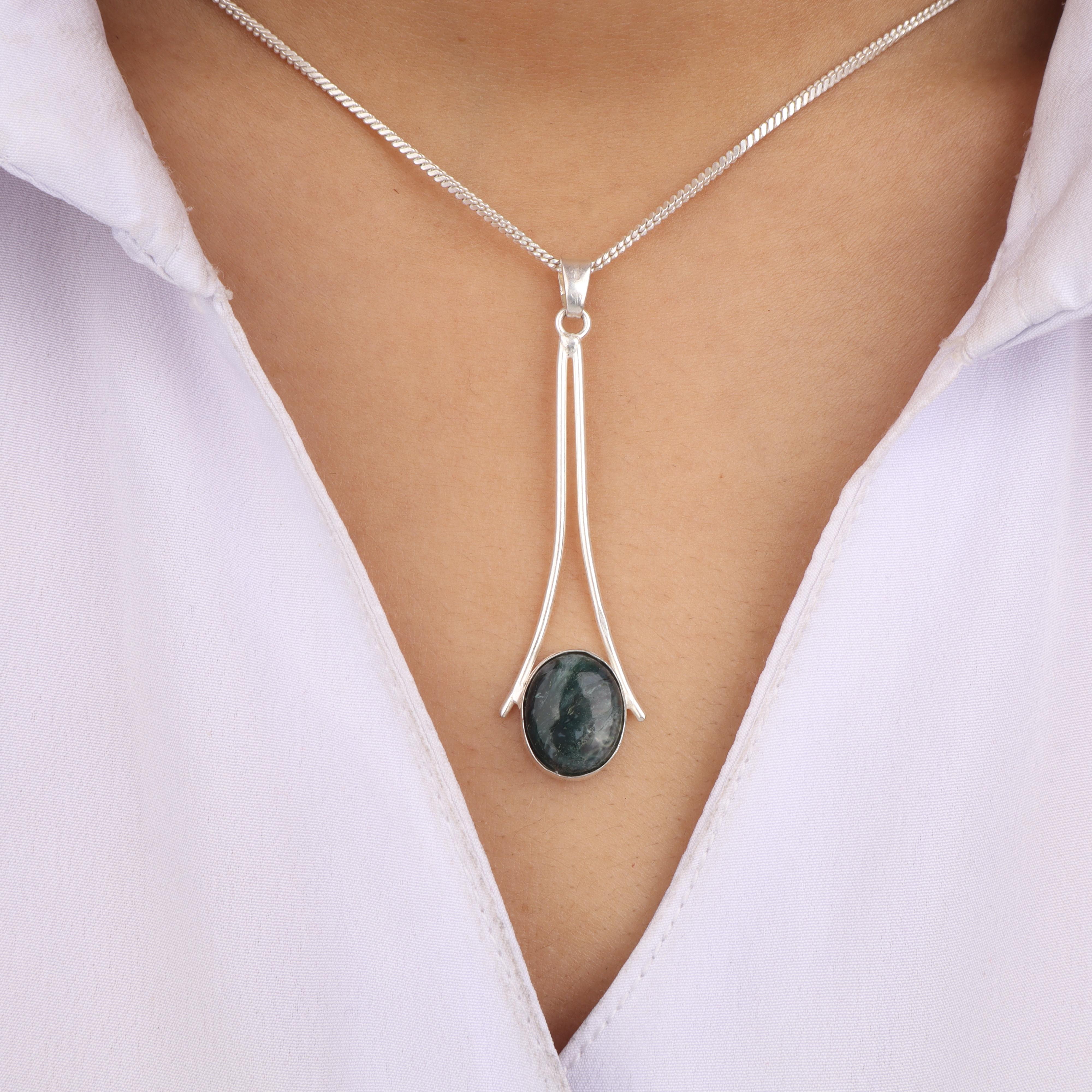 

Натуральный Моховой Агат Драгоценный Камень 925 Пробы Стерлингового Серебра Ручной Работы Ювелирное Изделие Длинный Кулон 1,69 Для Женщин PP-69-33